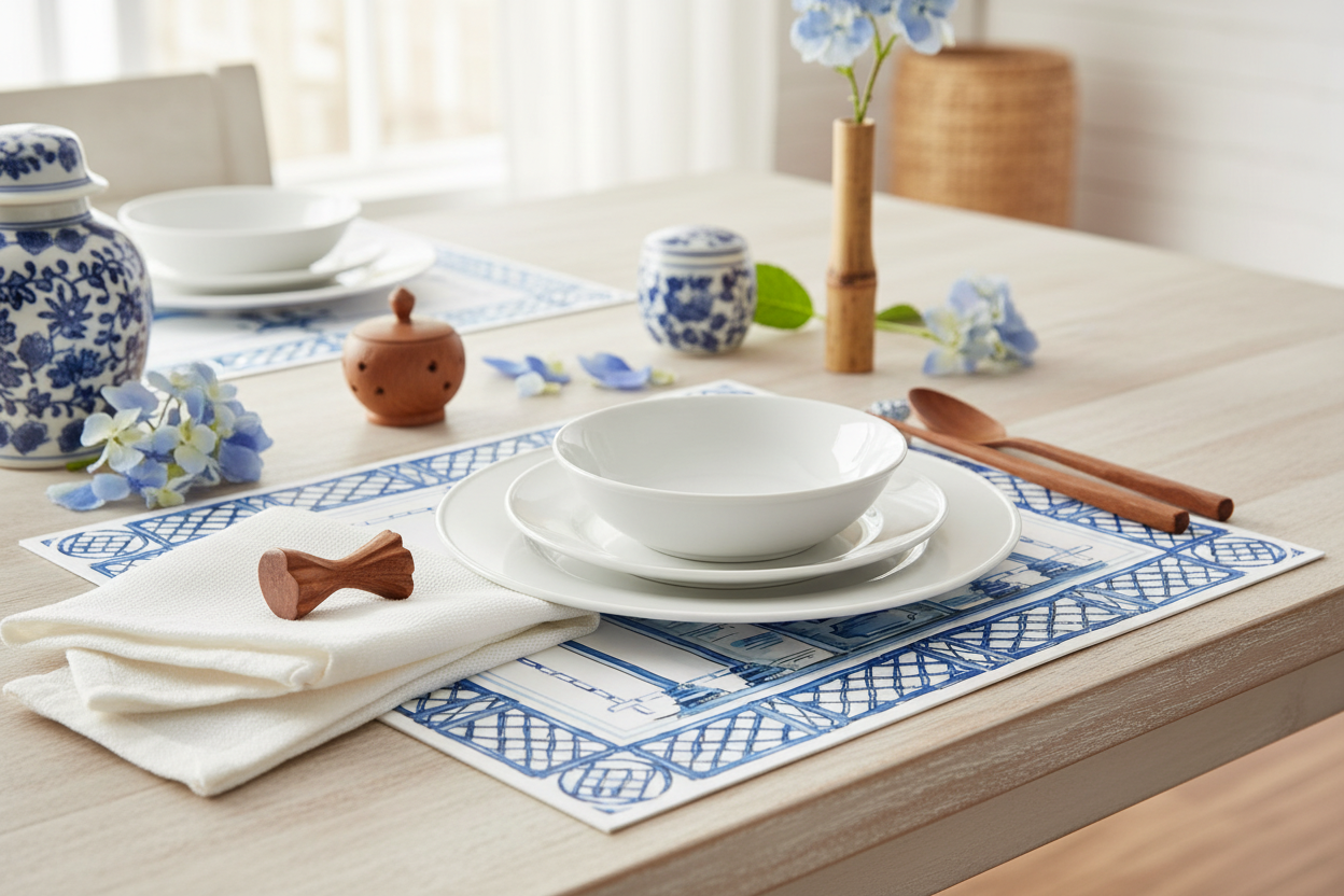 Roseanne Beck Blue and white paper placemat  design of a pagoda with intricate lattice work on a table with a places setting on it. 