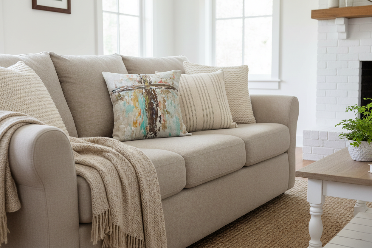Southern Cotton Mill Cross Decorative pillow with abstract multicolor design on a beige sofa