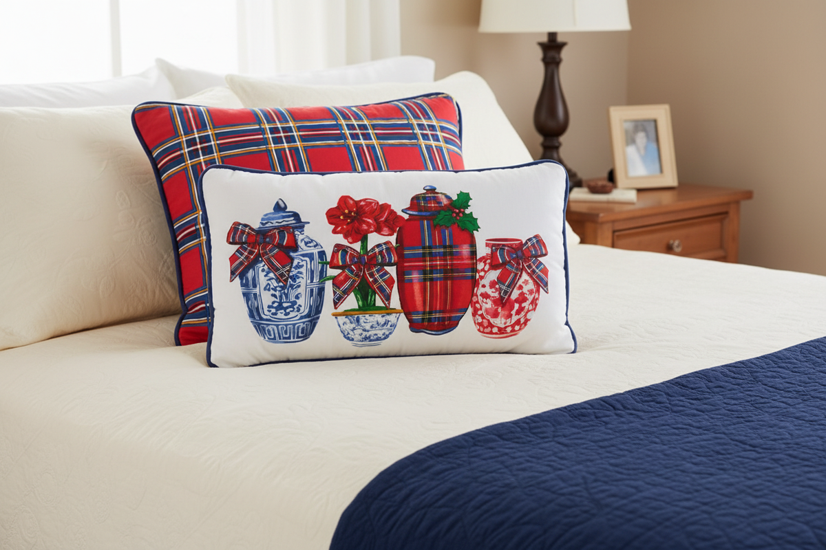 rectangle chinoiserie pillow with another plaid pillow behind it.  Raz Imports Lumbar pillow bedroom lifestyle photo