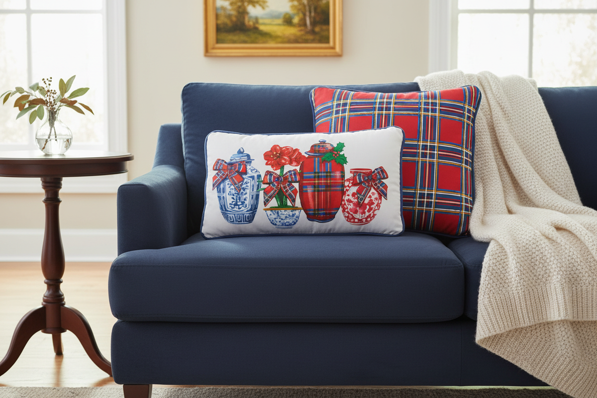 rectangle chinoiserie pillow with another plaid pillow behind it.  Raz Imports Lumbar pillow living room lifestyle photo
