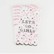Guest size napkins with pink and silver star pattern with scalloped silver trimmed edge and 'Let's Go Girls' text on a white background