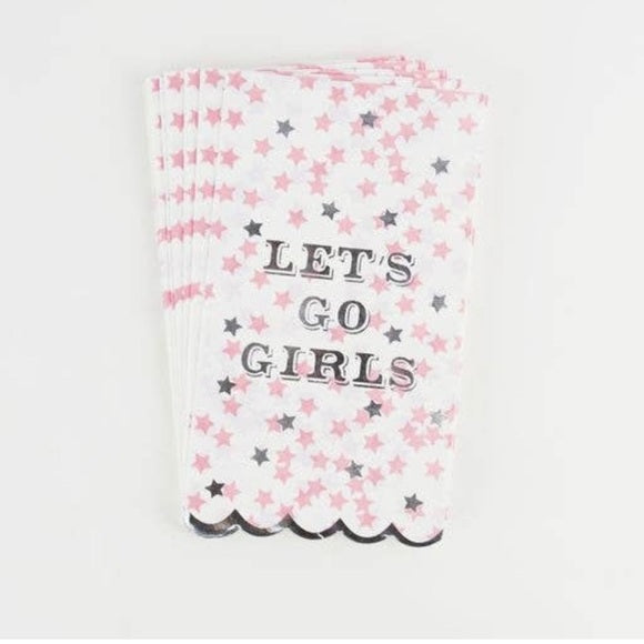 Guest size napkins with pink and silver star pattern with scalloped silver trimmed edge and 'Let's Go Girls' text on a white background