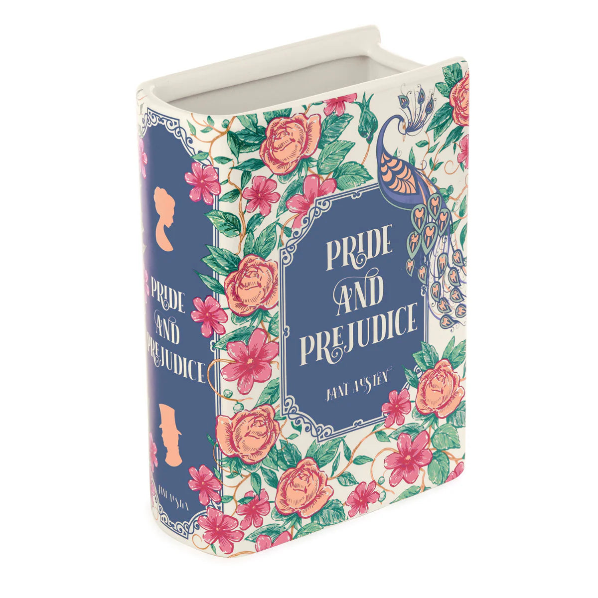 Floral design book-shaped flower vase with 'Pride and Prejudice' text on a white background