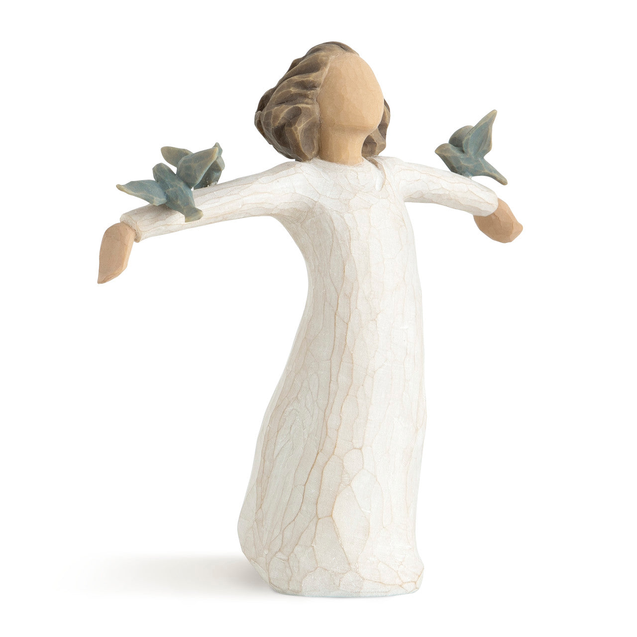 Decorative figurine of a woman with outstretched arms holding birds on a white background