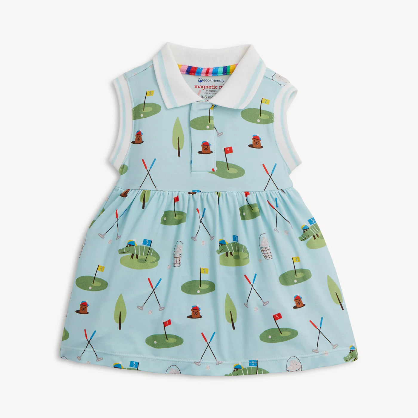 Children's light blue sleeveless dress with white knot collar and arm opening. golf pattern with golf clubs, flags and greens on a white background