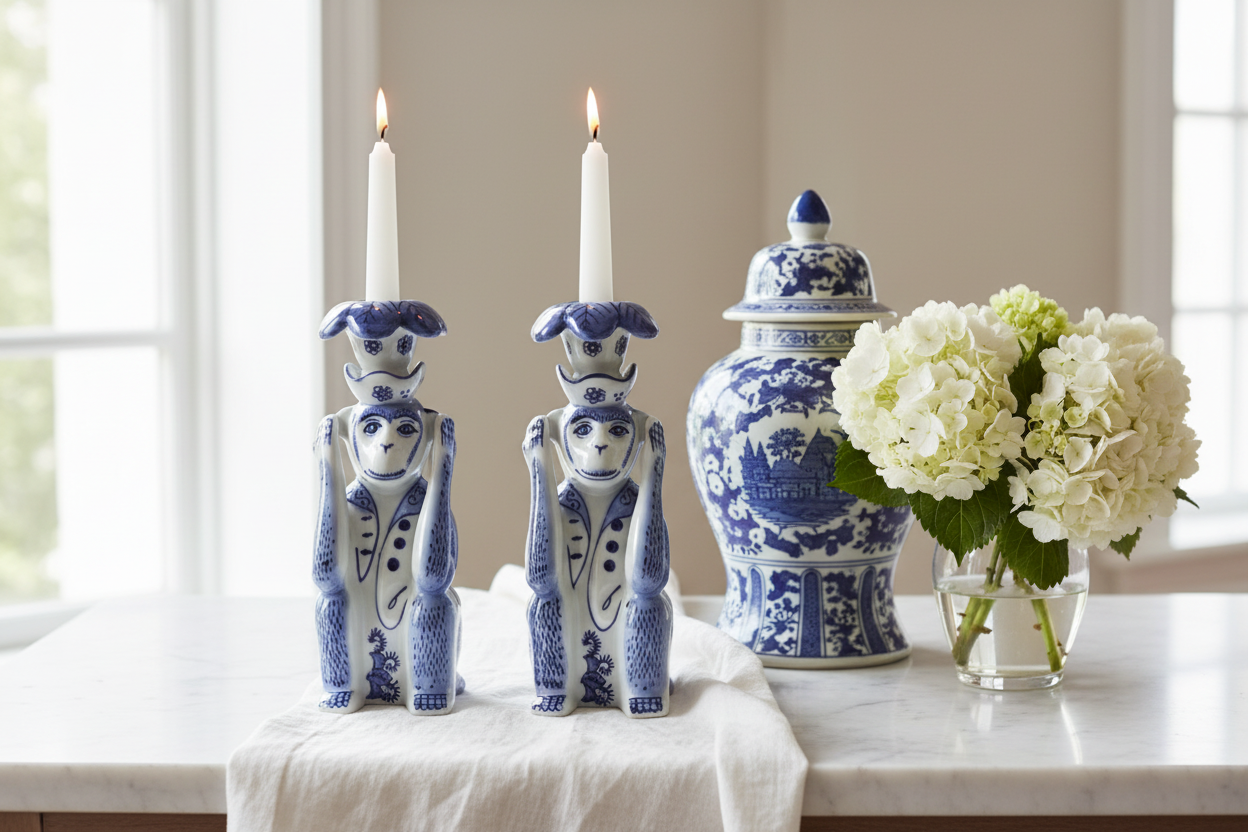 8 Oak Lane Brand set of 2 Monkey Chinoiserie Candlestick Holders – Lifestyle