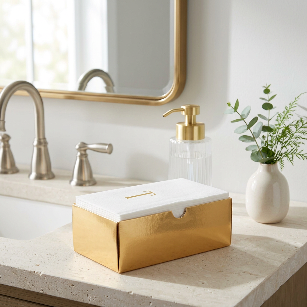 Monogram guest napkins on a bathroom vanity