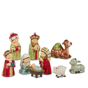 multi colored resin nativity set with a white background by Raz Imports