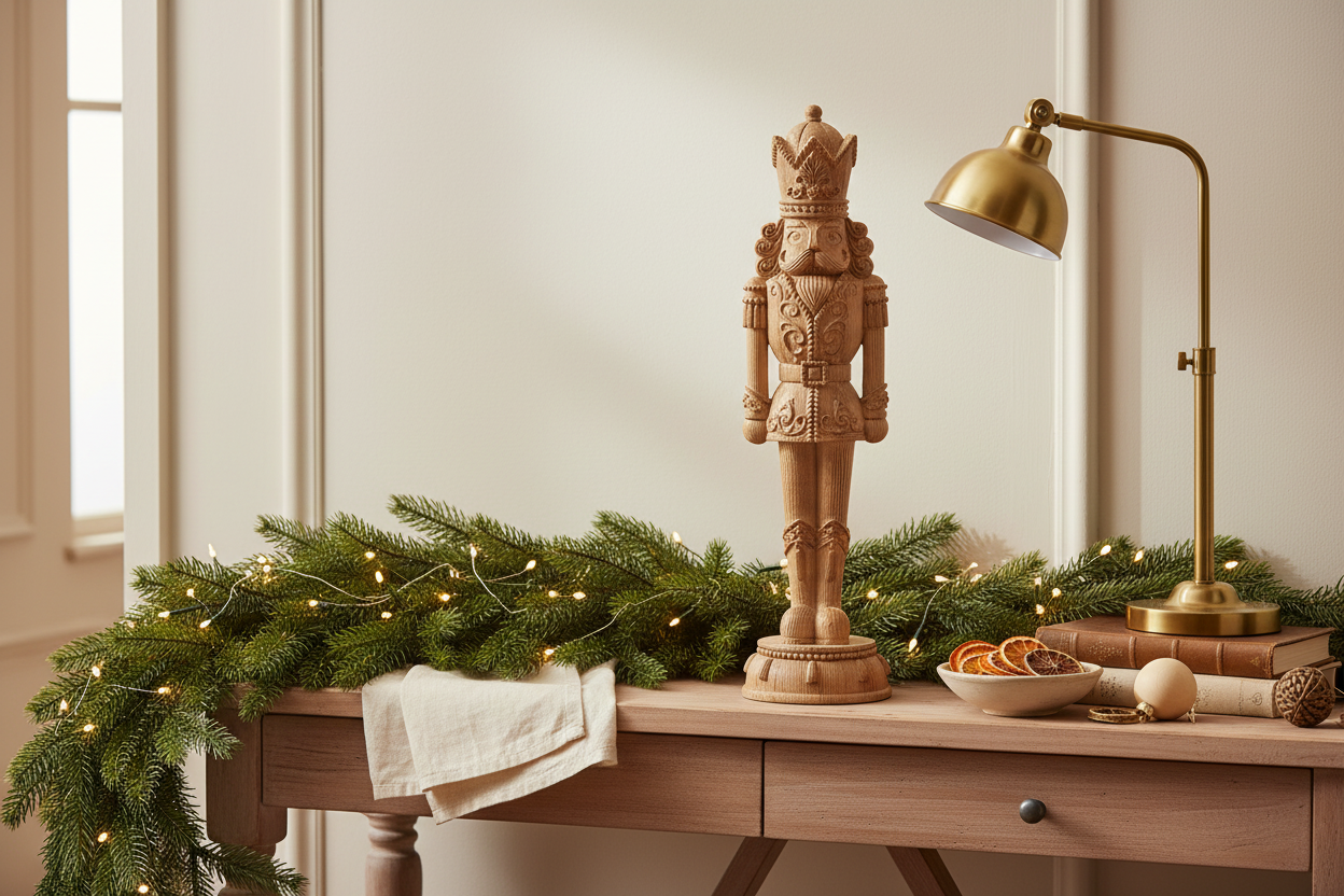 Natural nutcracker in a Christmas entryway