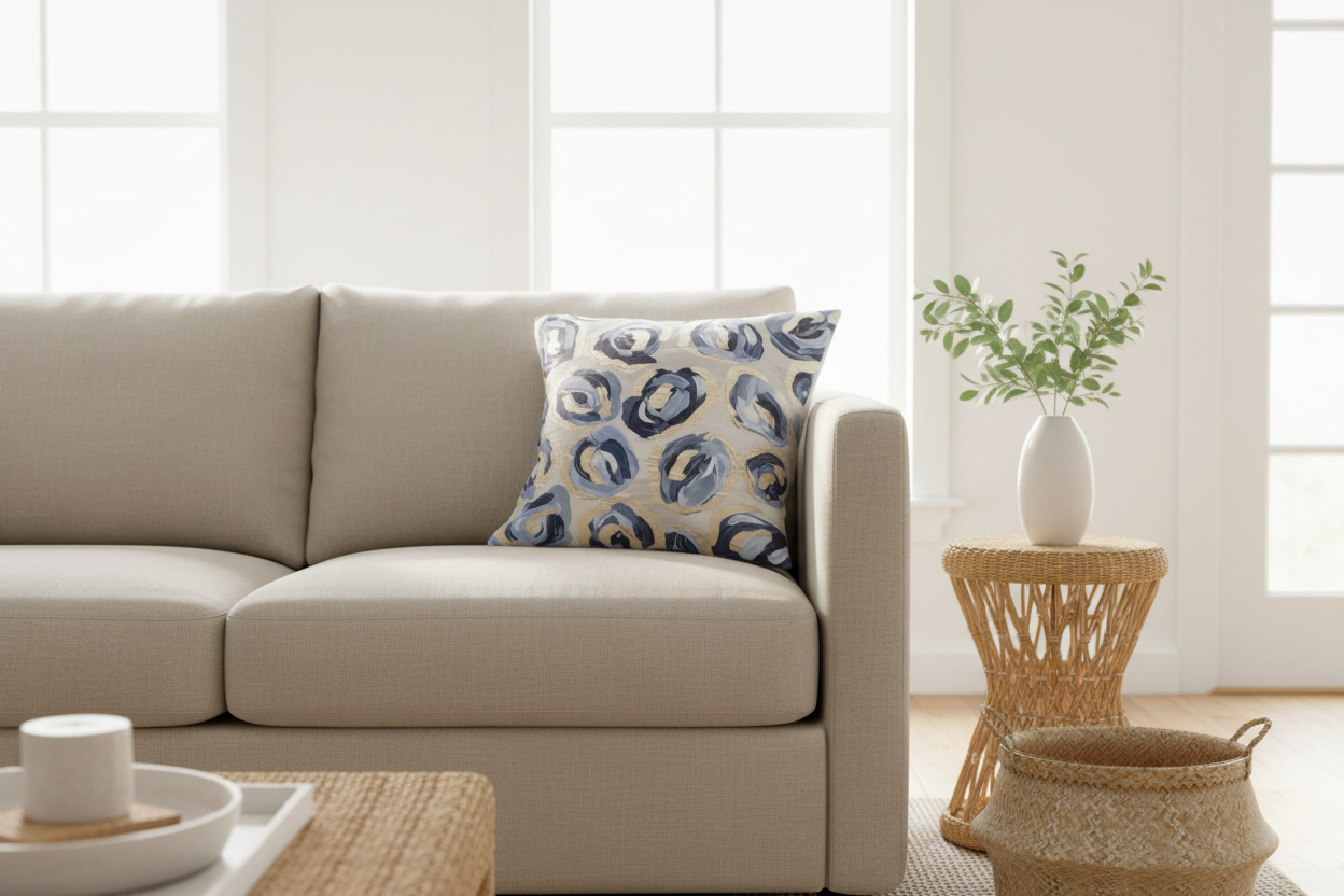 Southern Cotton Mill brand Decorative square pillow with blue and beige abstract leopard  pattern on a nneutral sofa with accessories an dwindows in background
