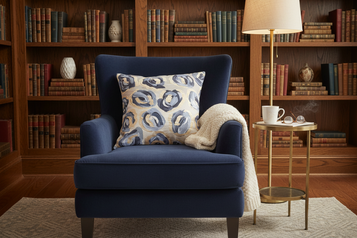 outhern Cotton Mill brand Decorative square pillow with blue and beige abstract leopard pattern on a navy armchair in a library room with brown wood bookshelves