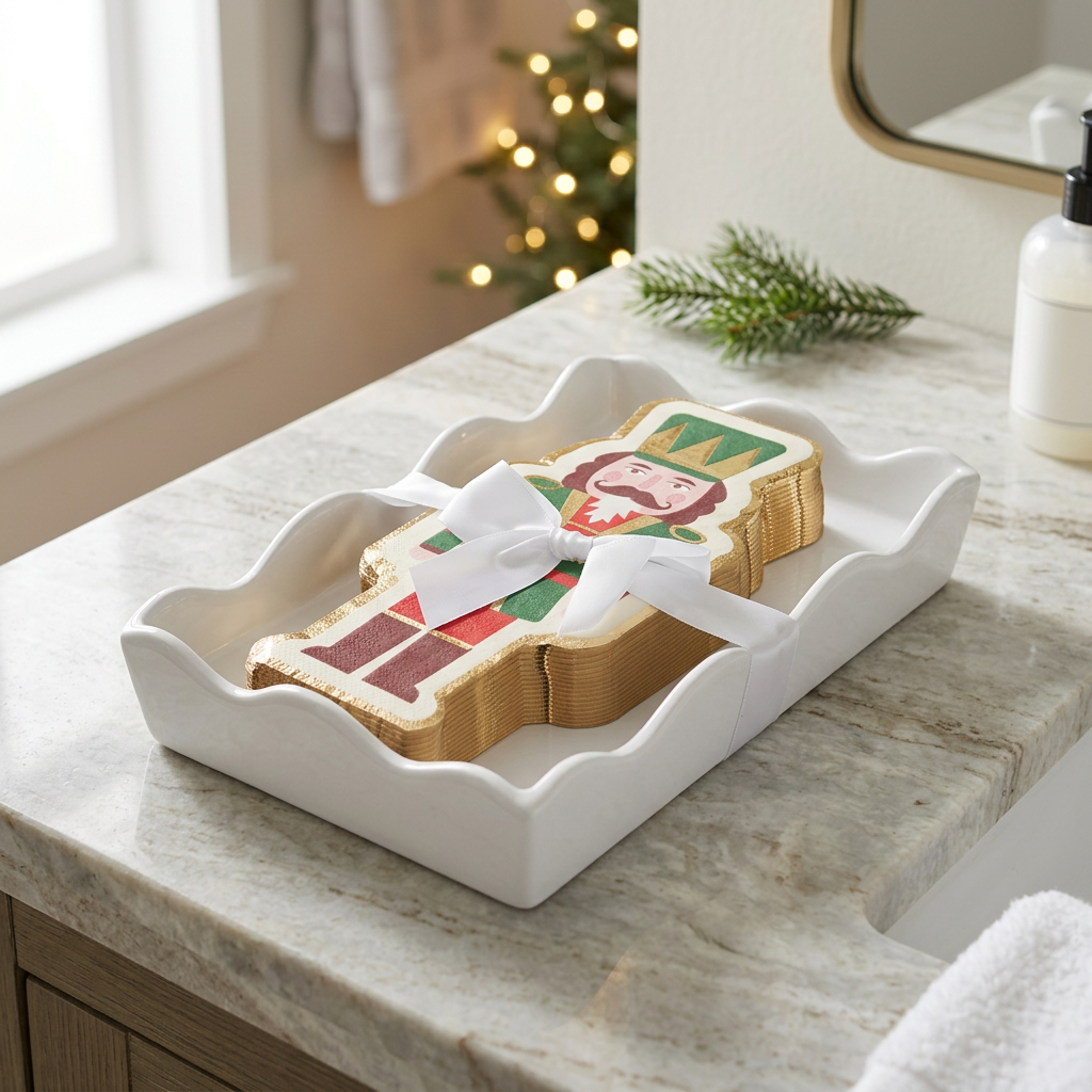 Nutcracker napkin tray in a holiday guest bathroom setting