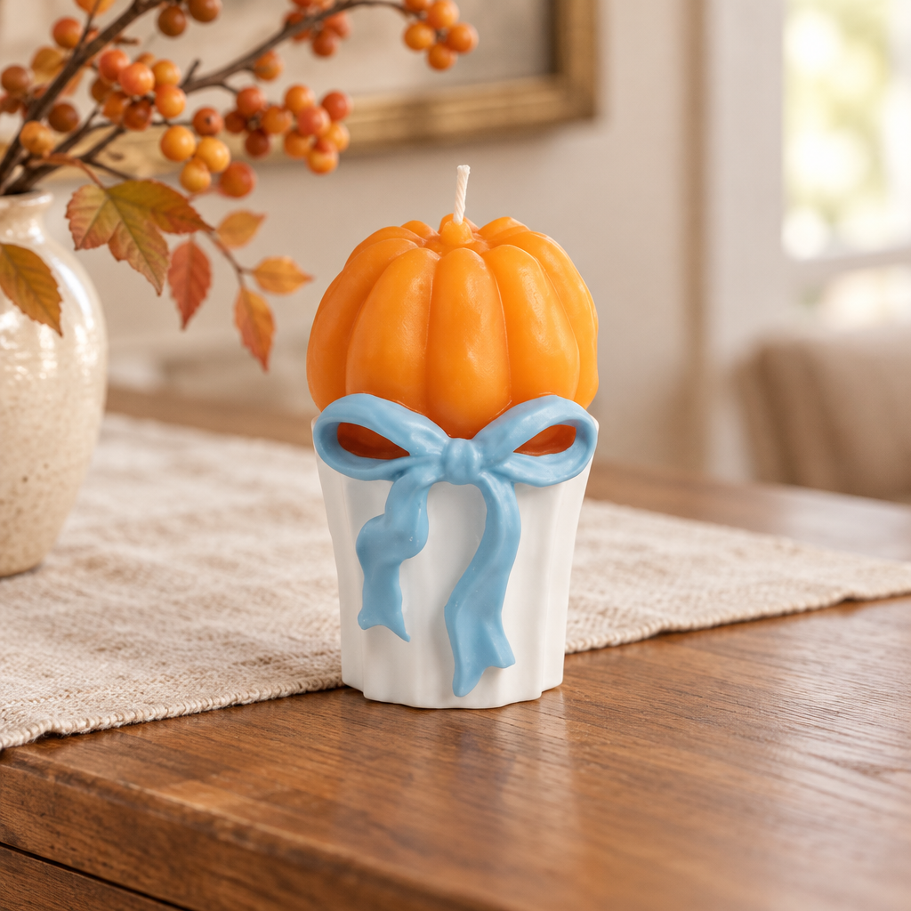 Orange pumpkin candle styled on a fall console