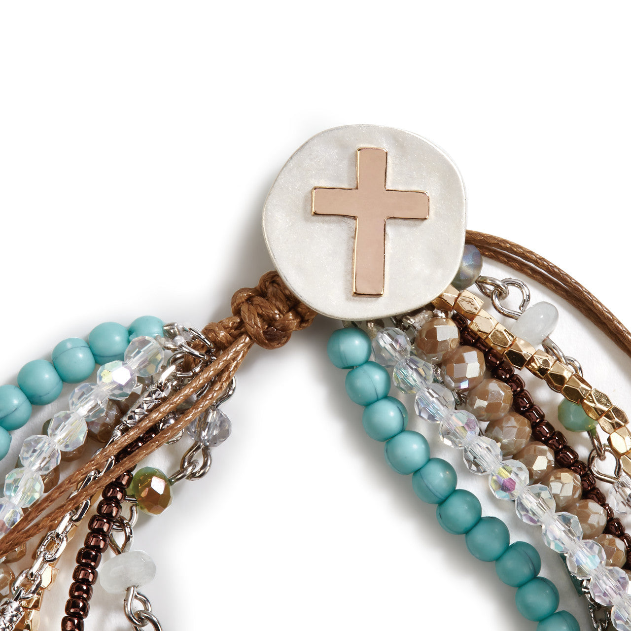 Multistrand bracelet with turquoise beads, rose gold cross, and braided design on a white background