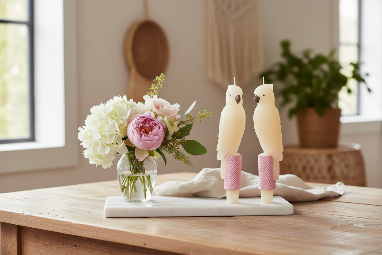 pink and cream colored Parrot Taper Candle on wood table with pink roses Lifestyle