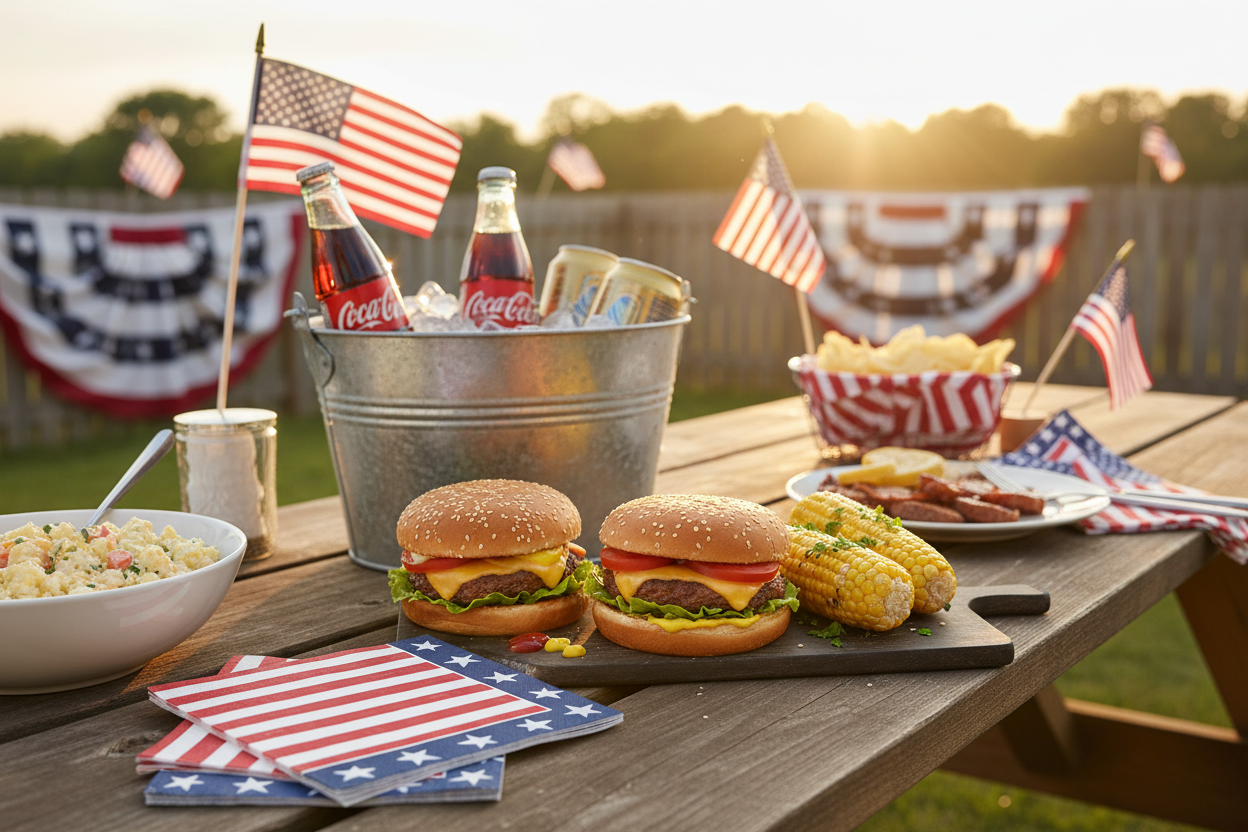 Caspari red white and blue flag design paper patriotic paper Napkins on a picnic table with cheeseburgersn corn, cokes and chips 