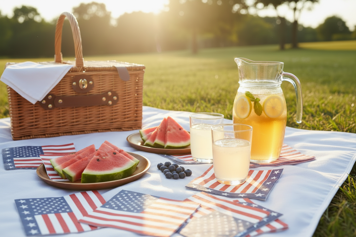 Caspari red white and blue flag design paper Patriotic Napkins at a Picnic with watermelon and lemonade on a white cloth on the ground