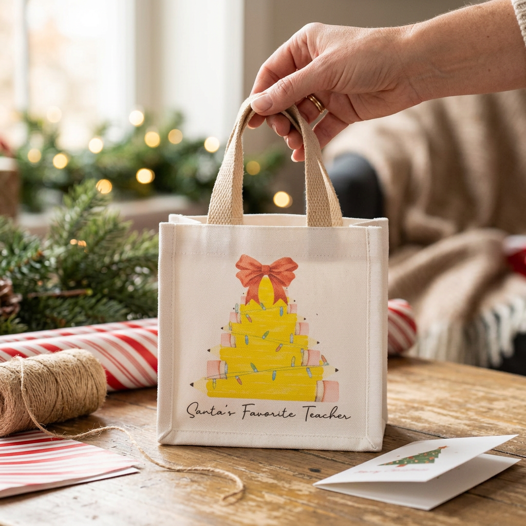 Petite teacher gift tote at a holiday wrapping table
