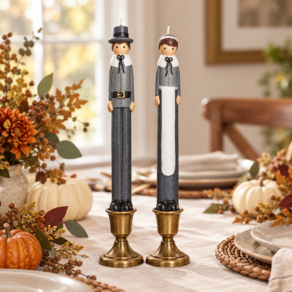 Pilgrim candles styled on a Thanksgiving table