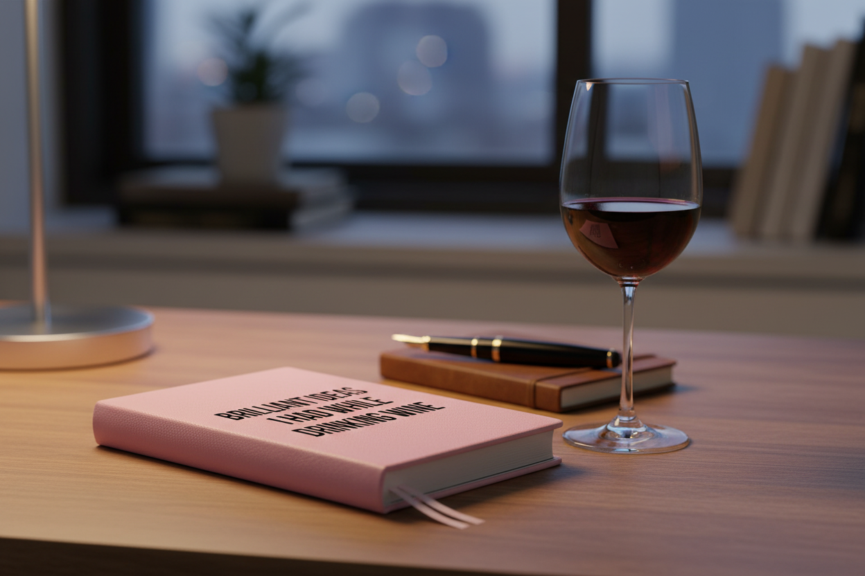 Toss Designs brand Pink Brilliant Ideas journal beside a glass of wine