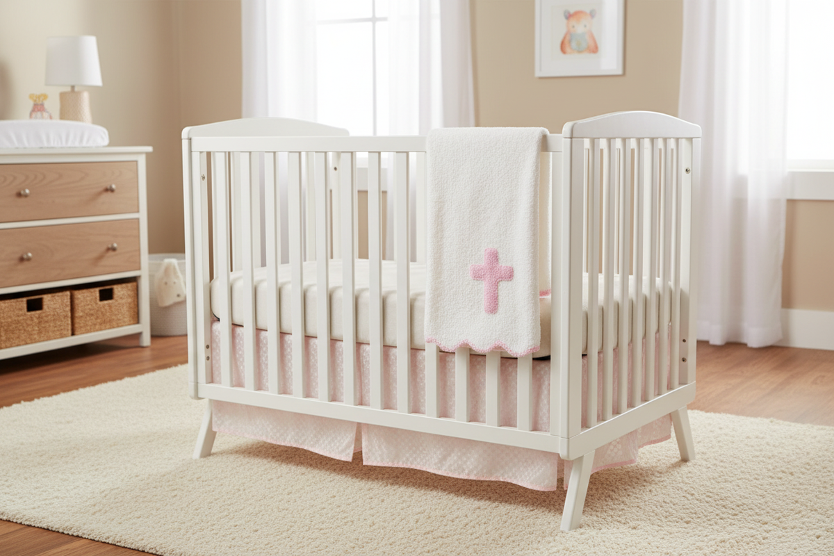 Pink Chenille Cross Blanket – Nursery Lifestyle with Product