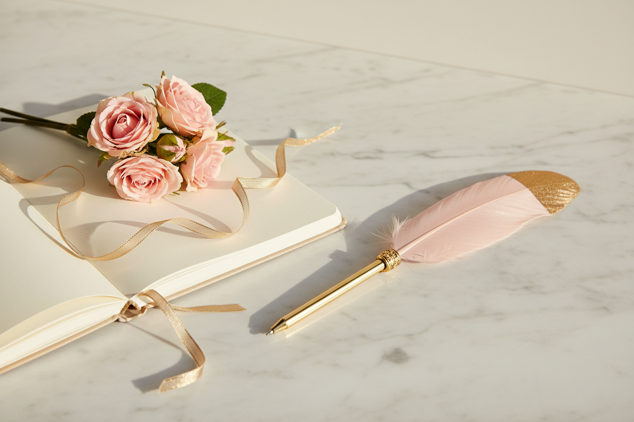 Pink Feather Quill Style Ballpoint Pen with gold stylus on a marble surface with pink roses on an open book - Lifestyle