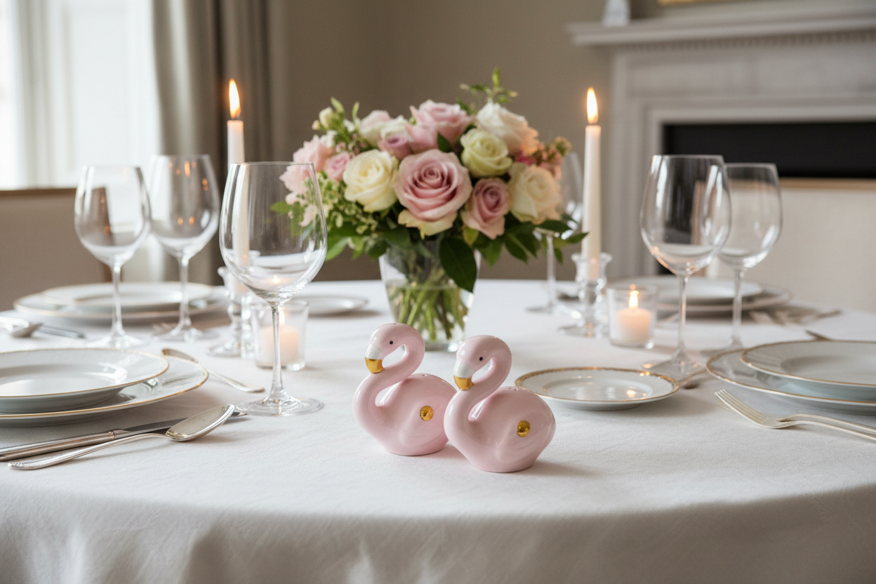 Pink Flamingo Salt & Pepper - on a white Dinner Party tablecloth with formal dinner setting