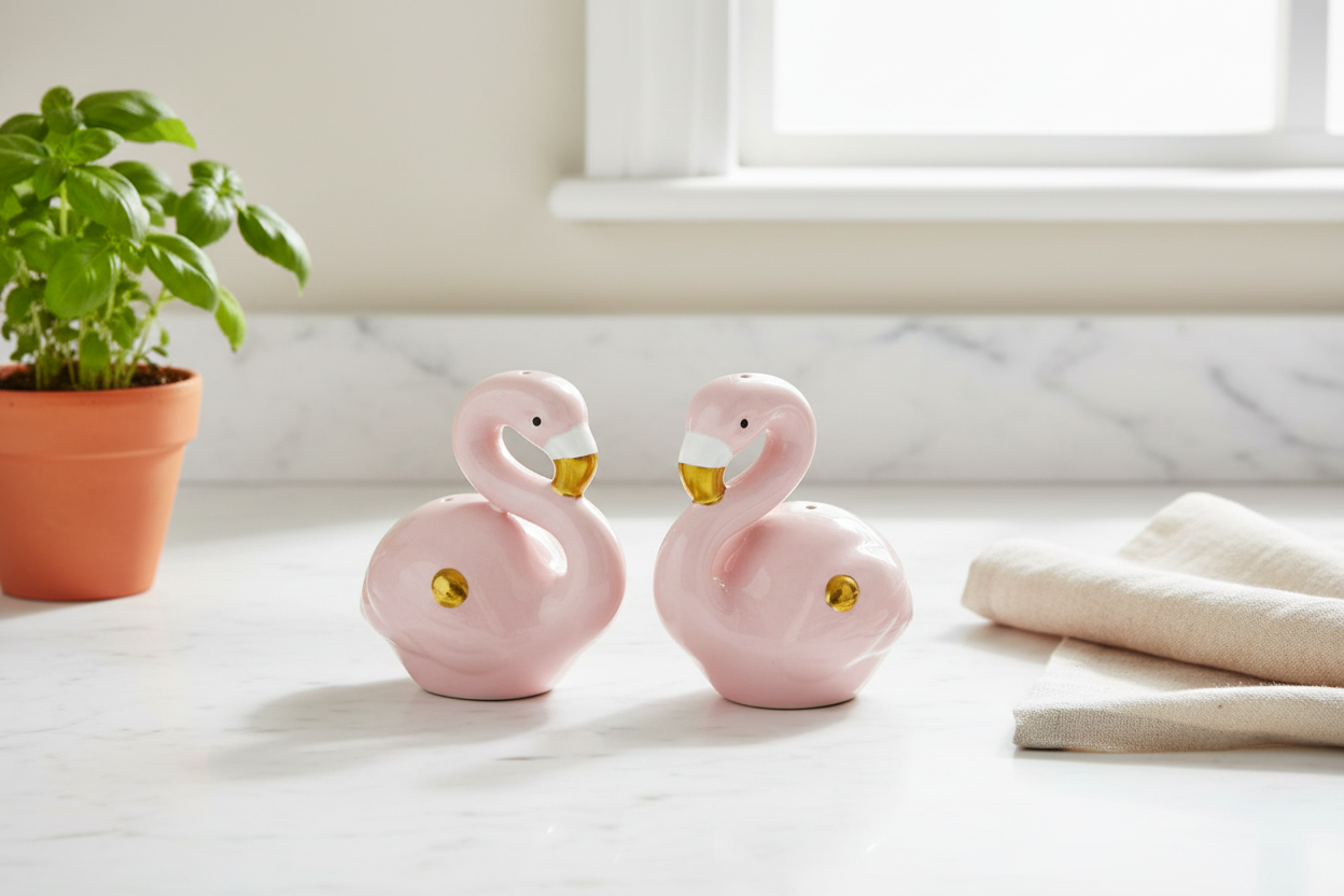 8 Oak Lane Brand Pink Flamingo Salt & Pepper  Shaker set on a white marble counter 