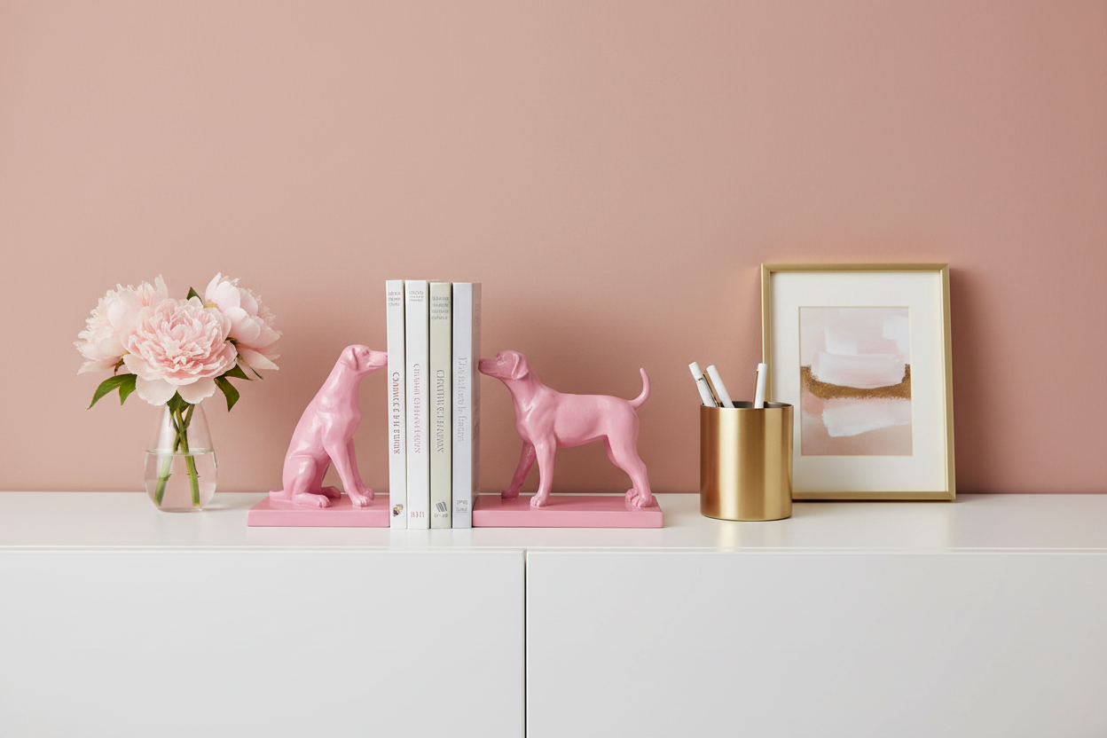 "Hazel Mazel pink resin dog bookends on a styled desk with books, fresh flowers in a bud vase, and blush home office decor"