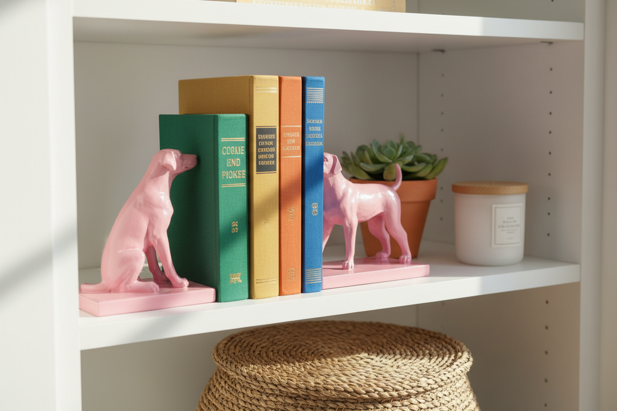 "Hazel Mazel pink resin dog bookends styled on a white shelf with colorful hardcover books, a candle, and a small potted plant"