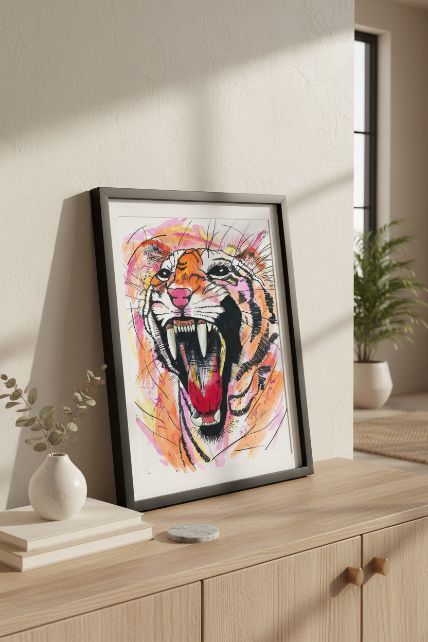 Pink Roaring Tiger - Thick Black Frame Shelf