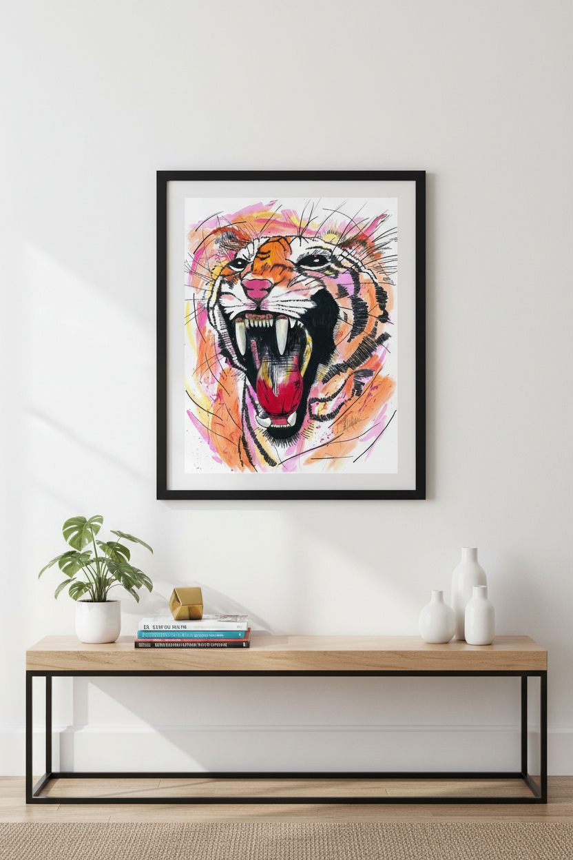 Pink Roaring Tiger - Thick Black Frame Wall