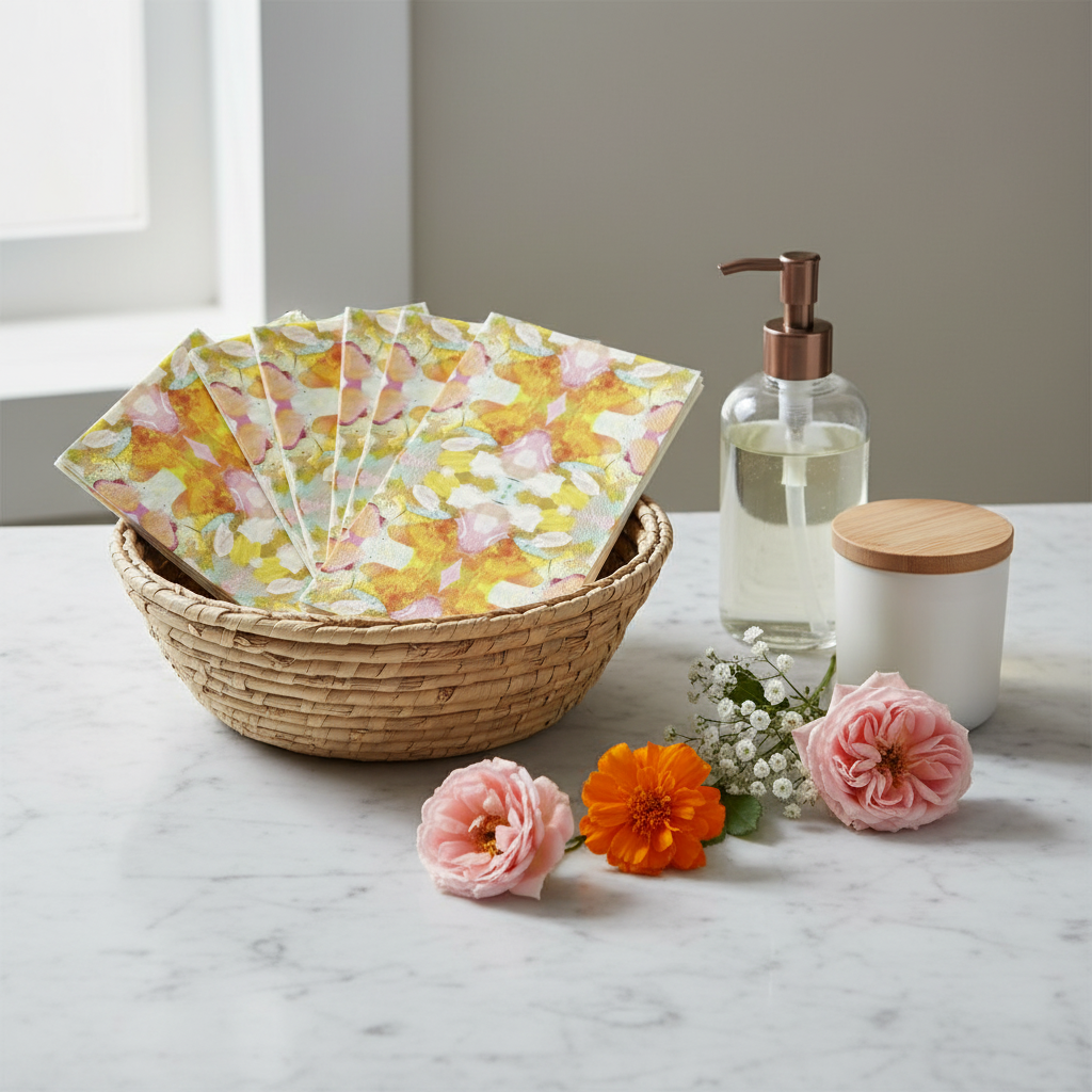 Laura Park Marigold guest/dinner napkins in basket on counter