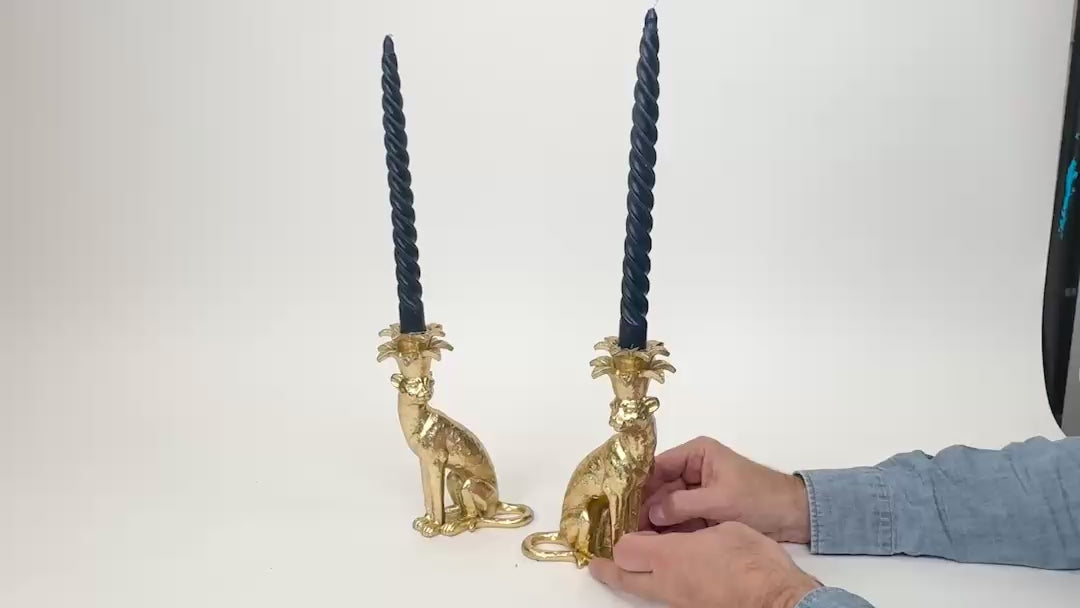 Load video: Gold Cheetah Candlestick Holders Set of 2 – Animal Figurine Taper Candle Holders