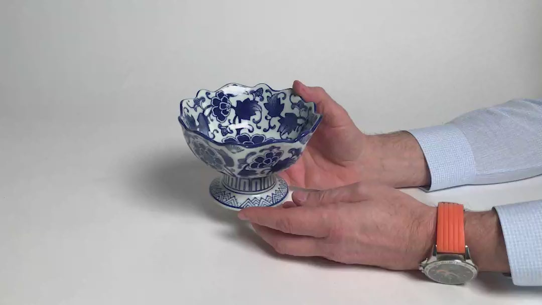 Load video: Scalloped, footed Two's Company chinoisserie bowl Navy and white in color