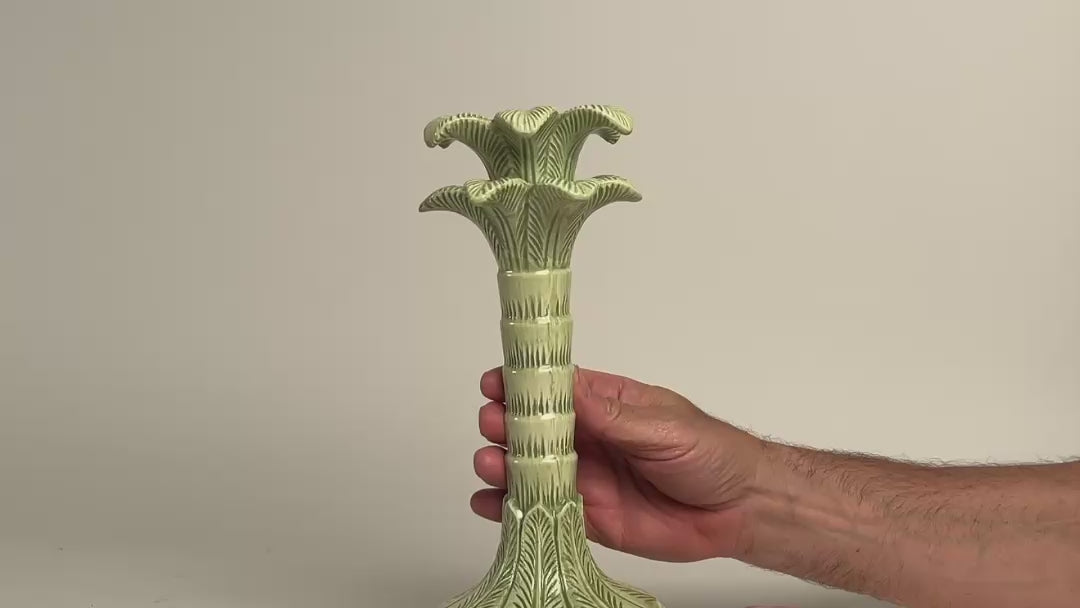 Load video: Candlestick - Green Palm Leaf Taper - Set of 2
