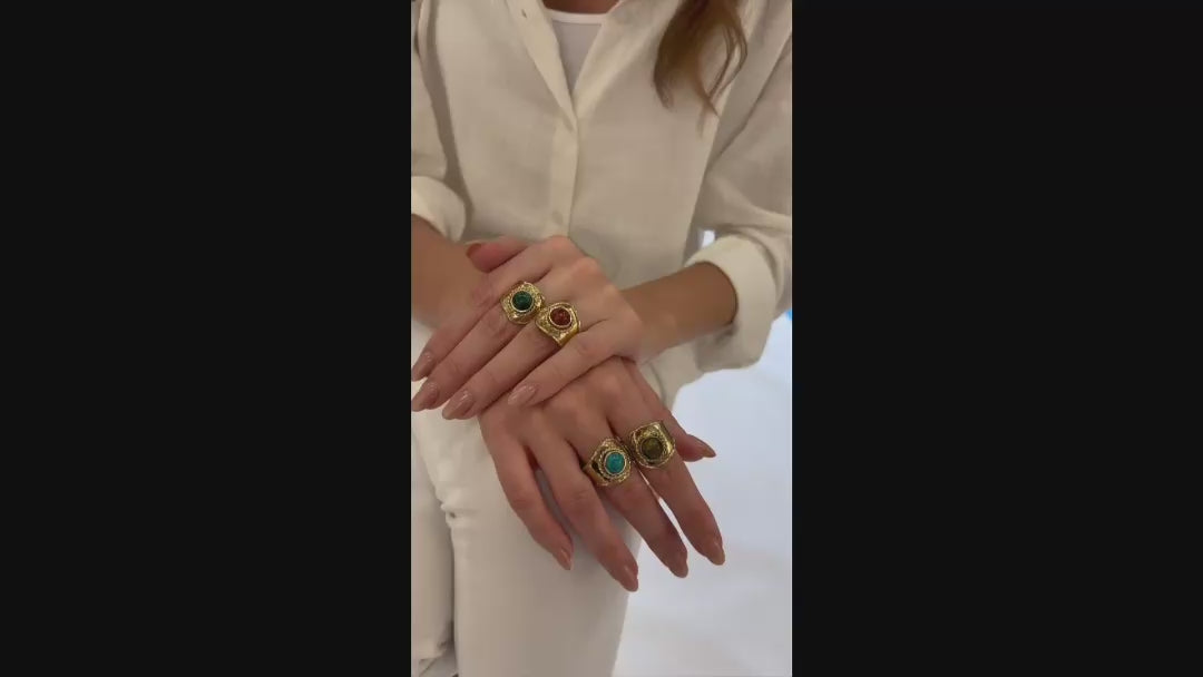 Load video: Gold Tone Natural Stone Statement Ring – Adjustable Boho Band