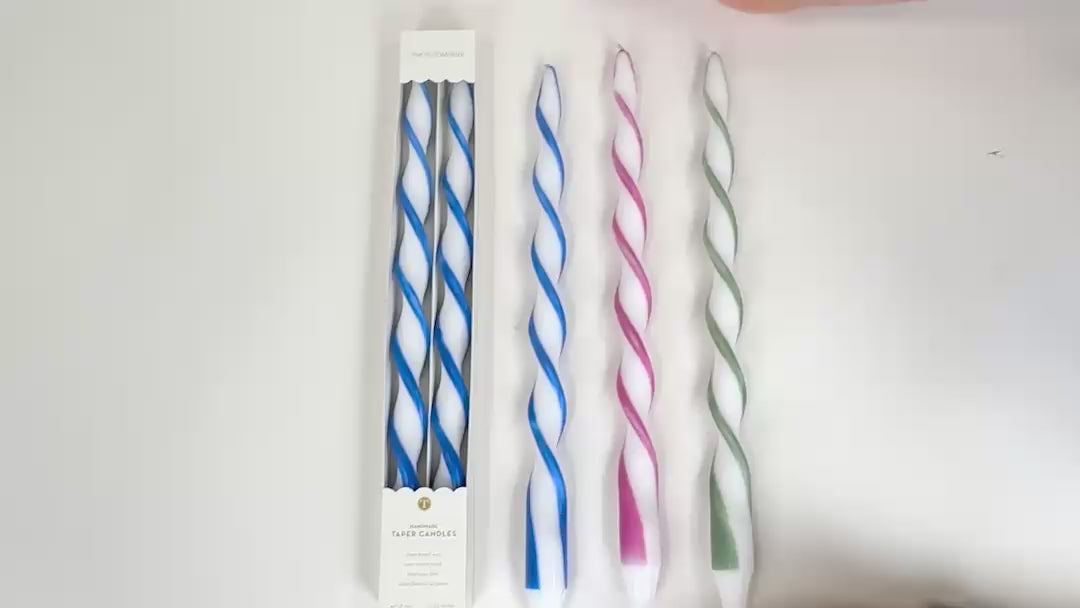 Load video: Blue Twisted Ribbon Taper Candles – Set of 2 | Decorative Hand-Poured