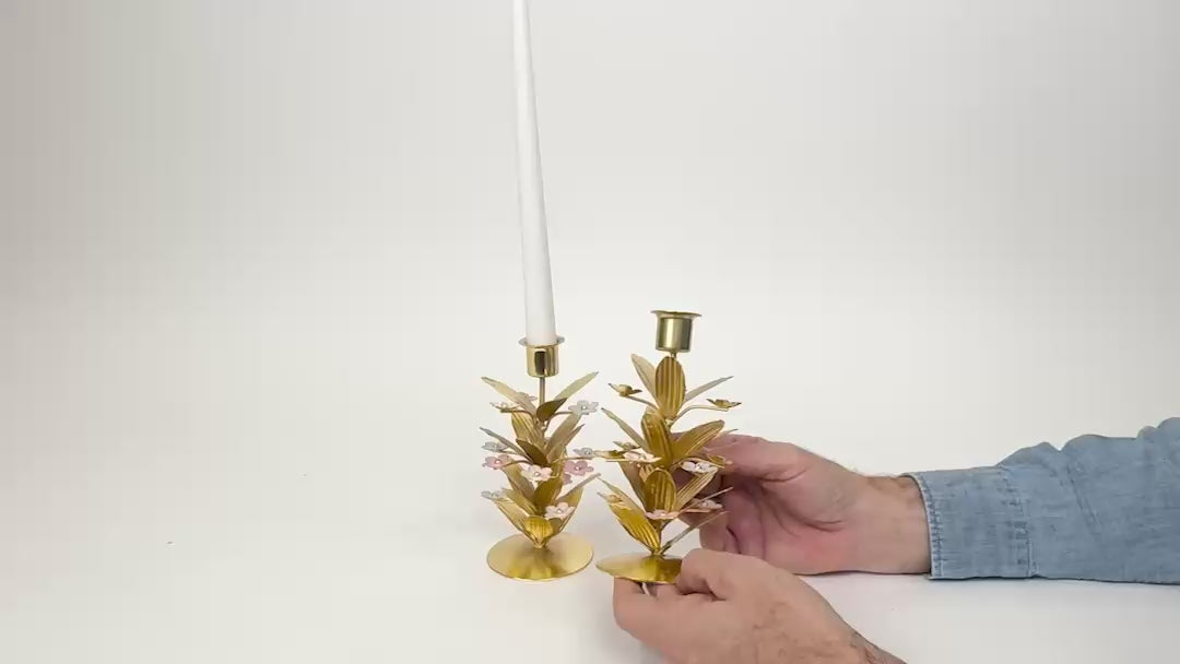 Load video: Tri-Flower Embellished Candle Holder Set of 2 – Floral Iron &amp; Enamel