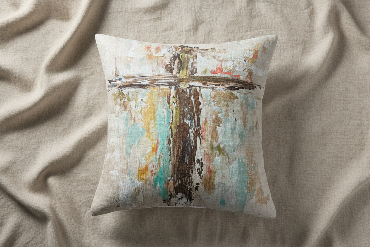 Southern Cotton Mill Cross Decorative pillow with abstract multicolor design on a linen background 