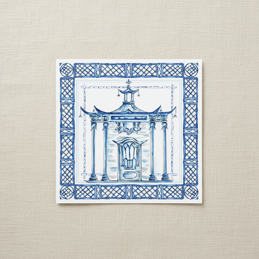 Roseanne Beck Blue and white paper placemat  design of a pagoda with intricate lattice work on a linen background