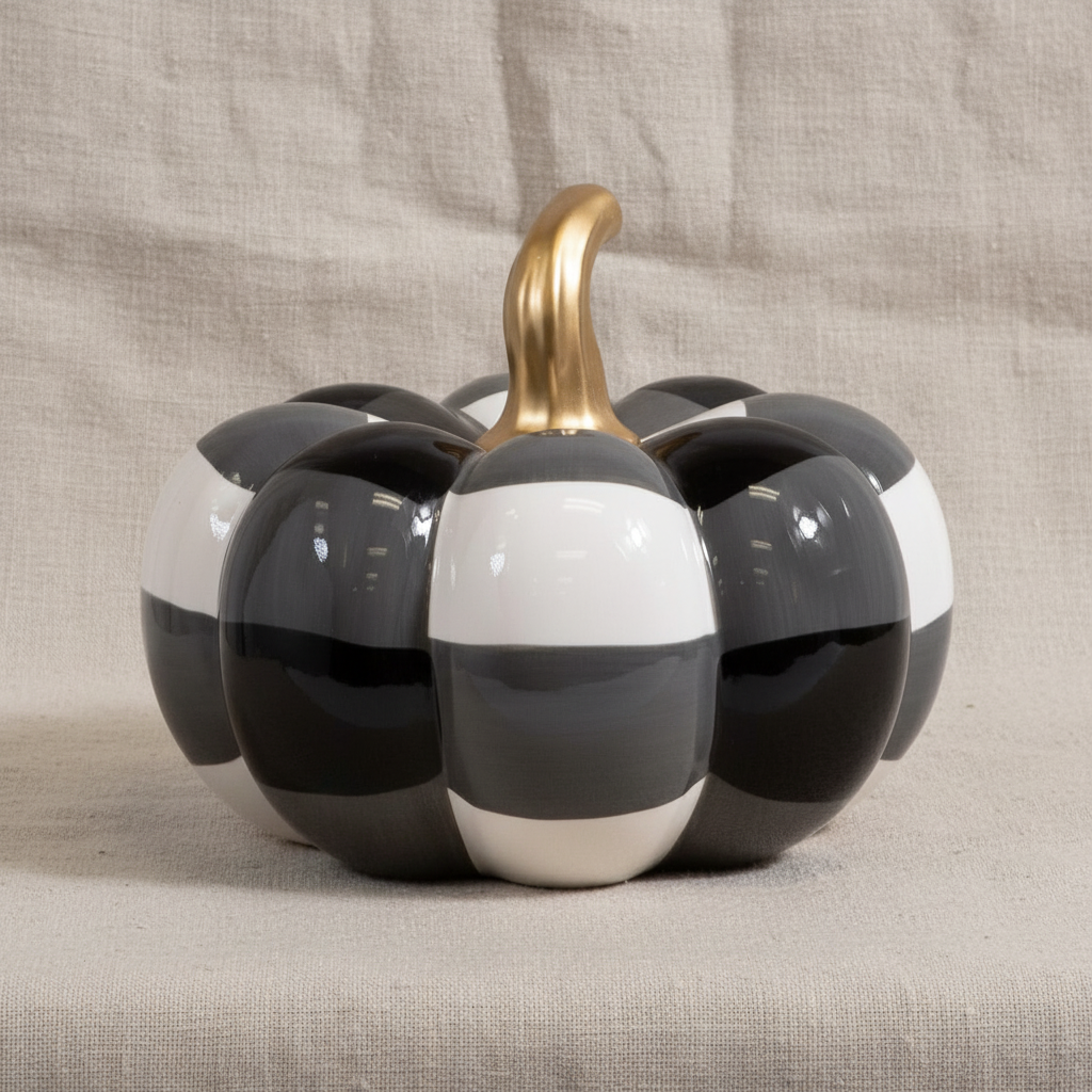 Decorative pumpkin with black and white striped design and gold stem on a beige background made by The Royal Standard
