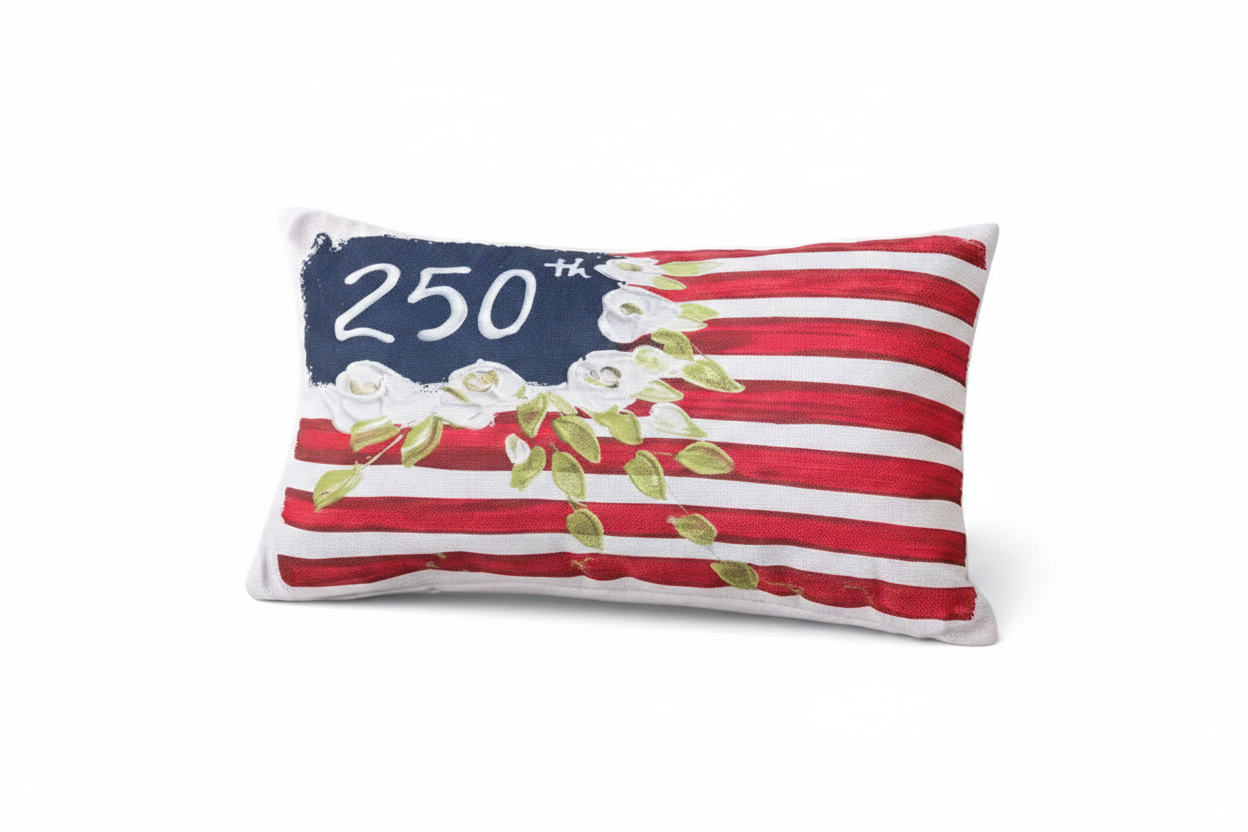 Southern Cotton Mill Decorative pillow with American flag design and floral elements on a white background