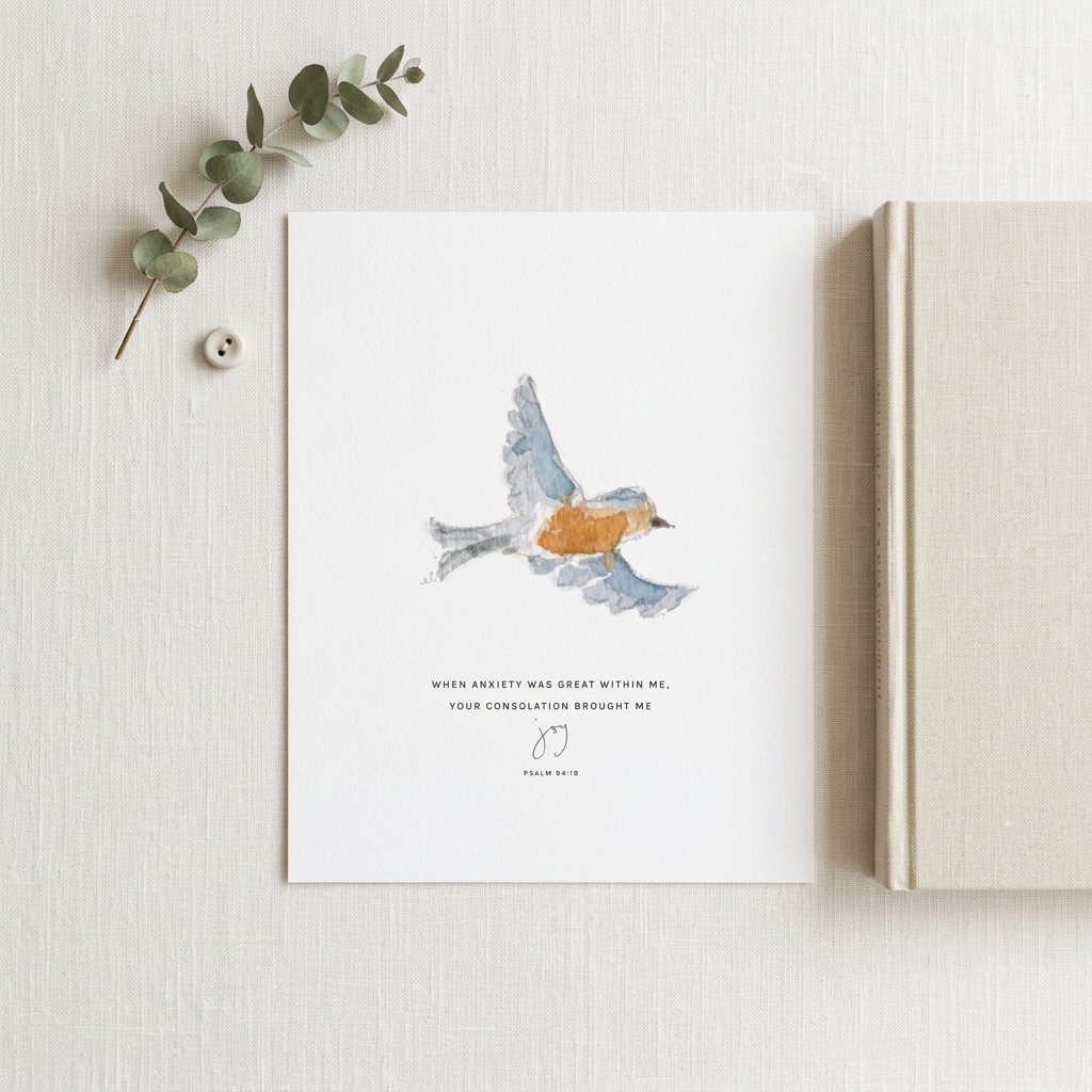 Psalm 94:19 bird print in an unframed flat lay