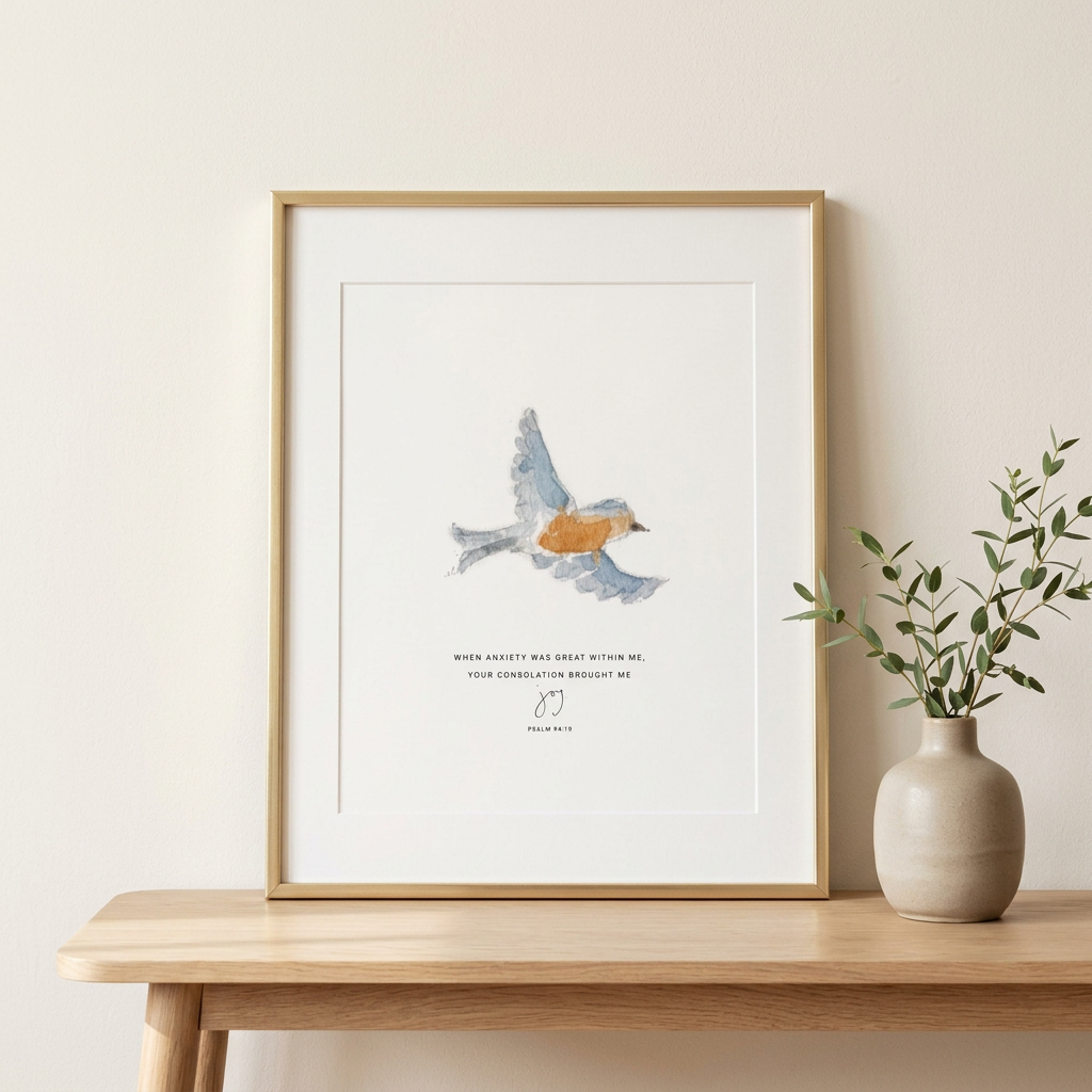 Psalm 94:19 bird print styled on a console table