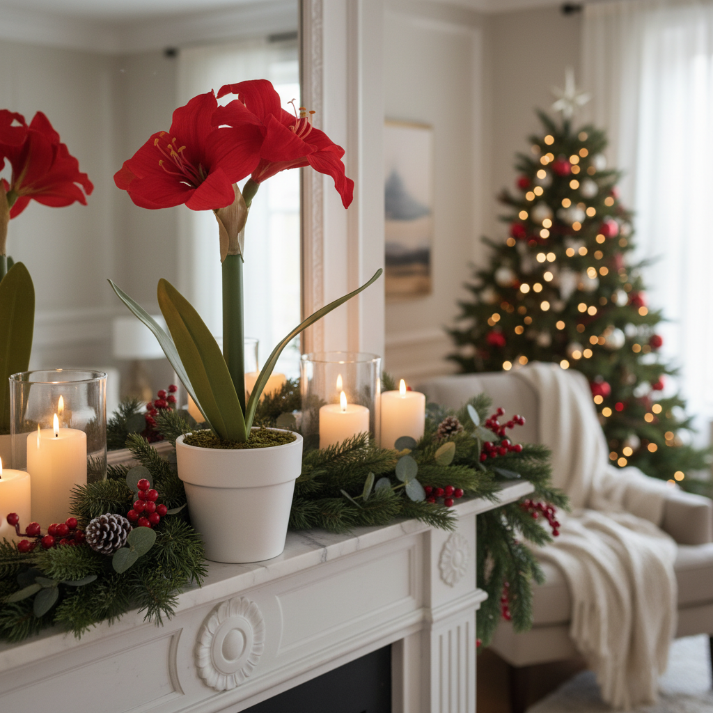Napa Home and Garden Brand Red Amaryllis Potted  in pot on mantle with candles and tree in the background
