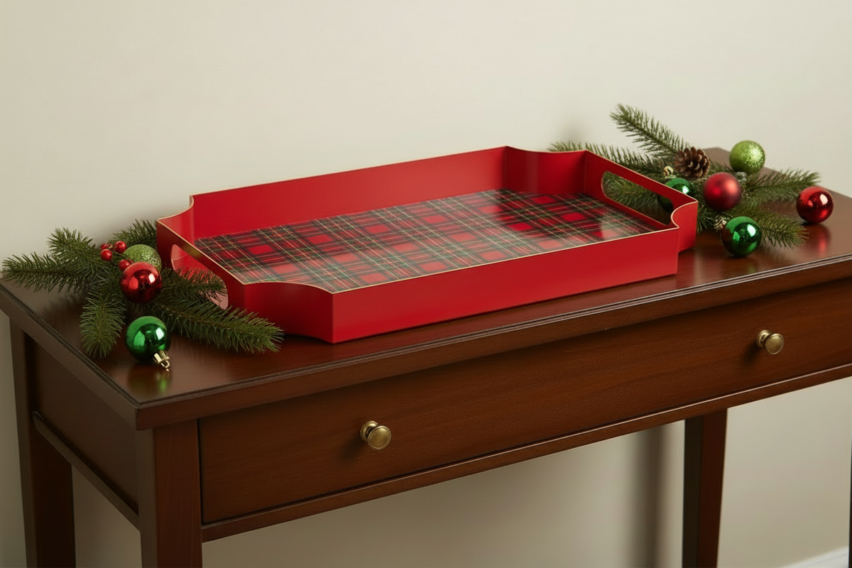 Multicolor Tartan Plaid Iron Decorative Tray - 16" Festive Holiday Home Decor