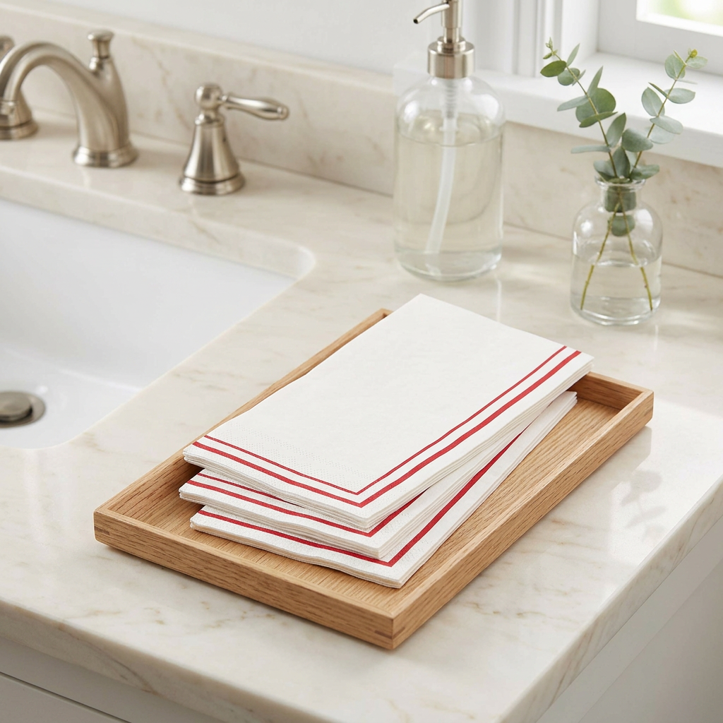 Red stripe guest napkins on a bathroom vanity