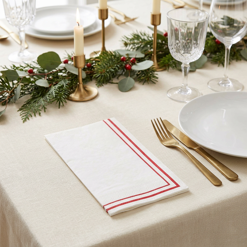 Red stripe napkins in a Christmas table setting