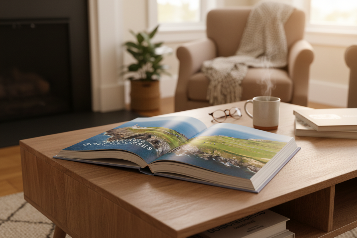 Remarkable Golf Courses  book on a  coffee table